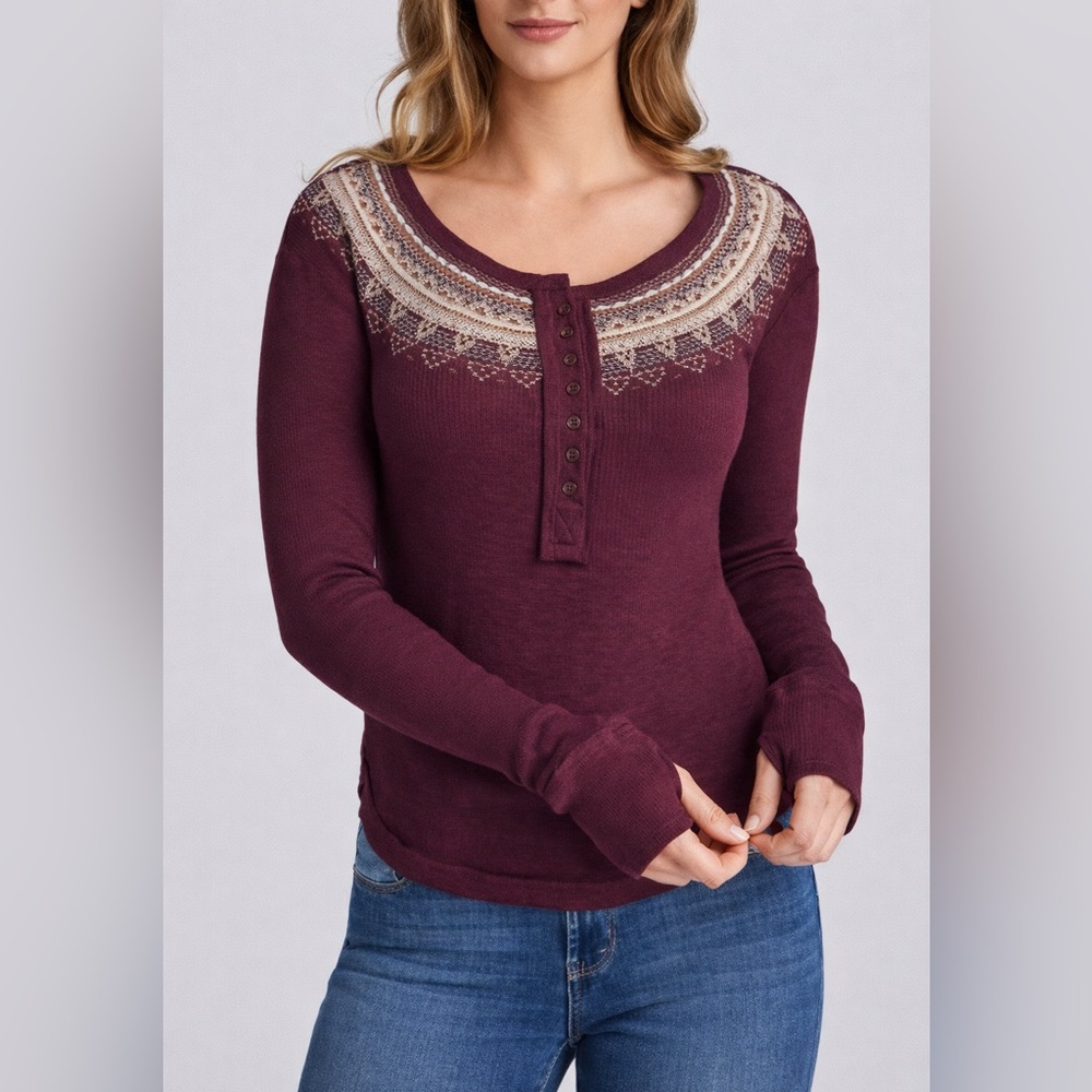 We The Free Maroon Embroidered Long Sleeve Top
